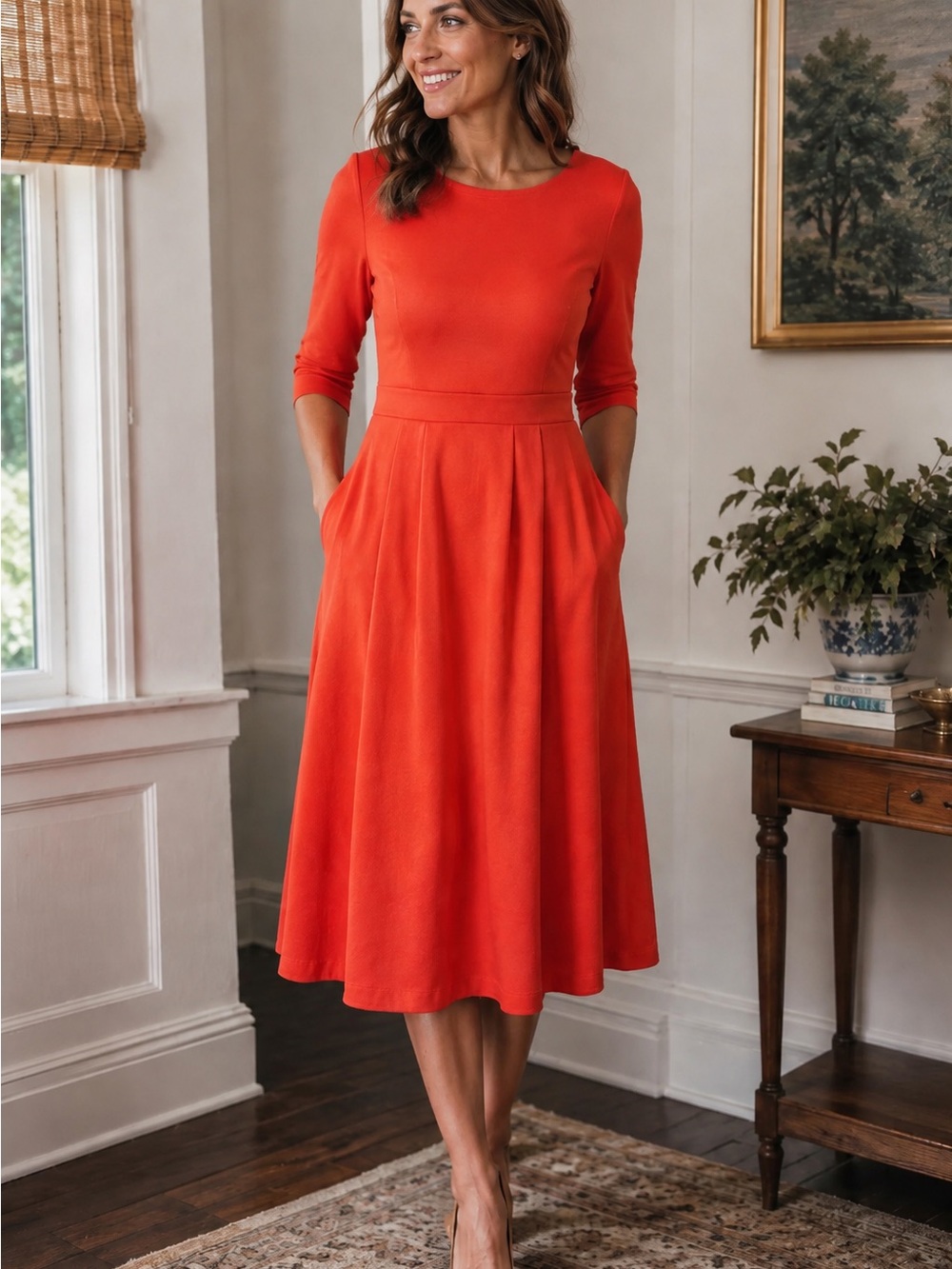 Boden Irene Ponte Midi Dress Sz. 6 Red Orange 3/4 Sleeve
